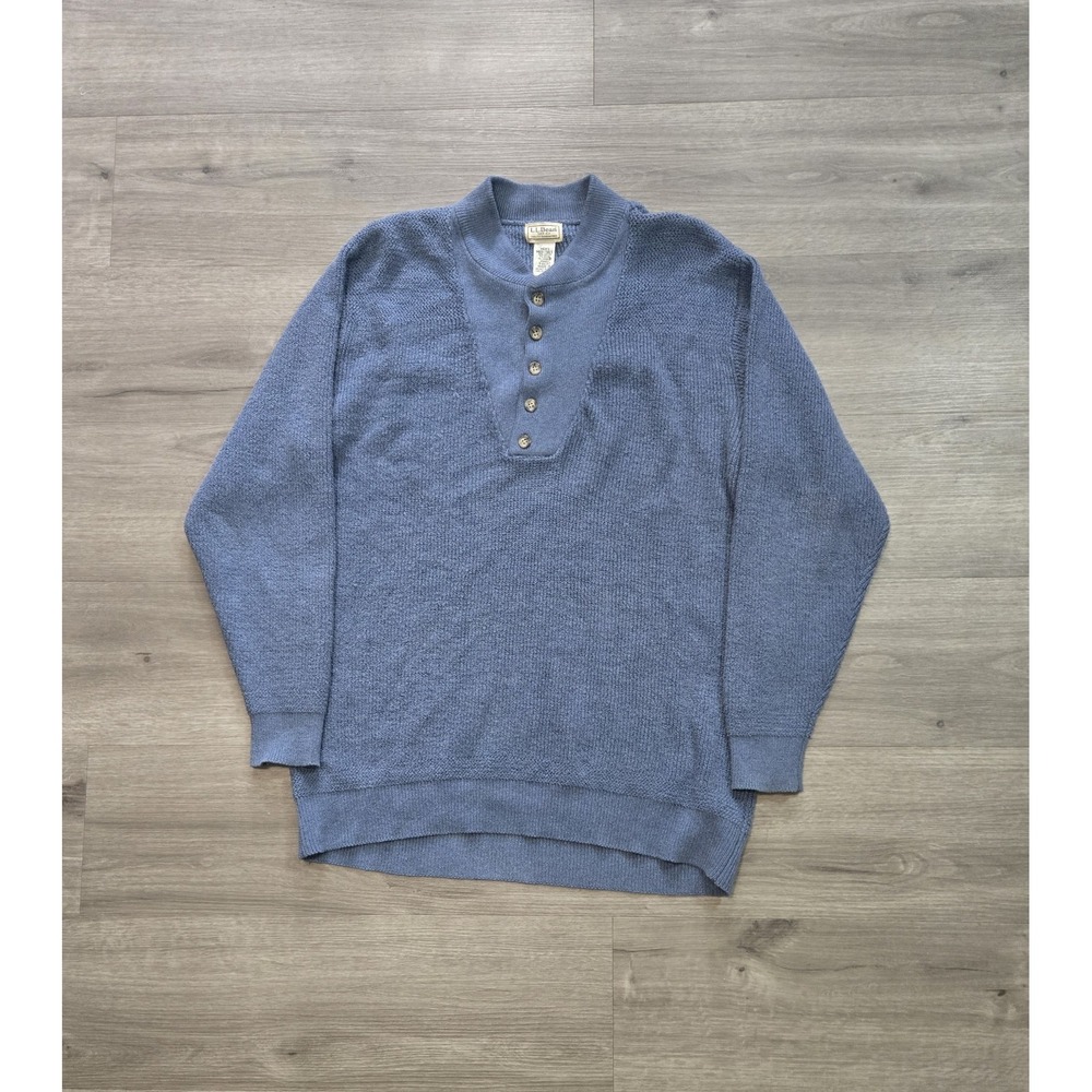 L.L. Bean Sweater Mens Medium Tall Blue Mock Neck Henley Textured Knit